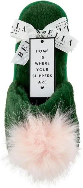 Bella Ultra Soft Plush Indoor House Slippers With Fuzzy Pom Pom, Plush Polyester Emerald Green and Pink, Large (US 9-10)