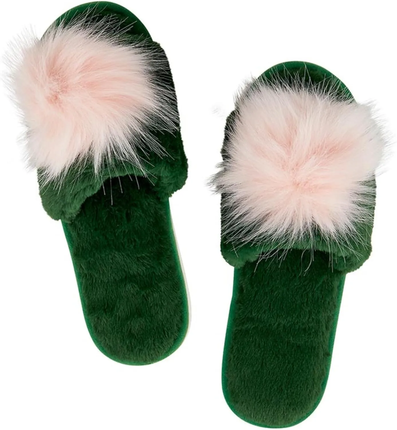 Bella Ultra Soft Plush Indoor House Slippers With Fuzzy Pom Pom, Plush Polyester Emerald Green and Pink, Large (US 9-10)