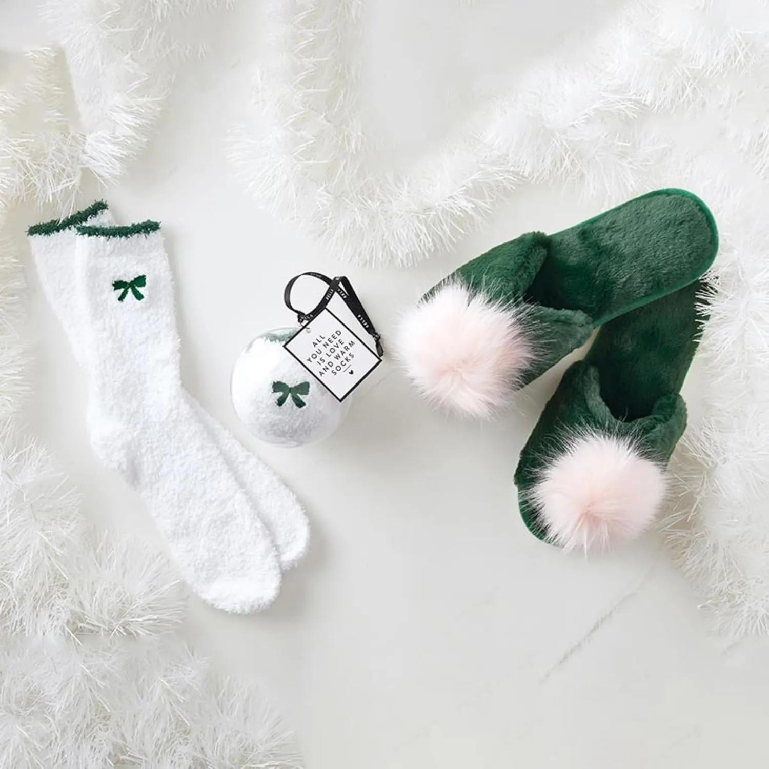 Bella Ultra Soft Plush Indoor House Slippers With Fuzzy Pom Pom, Plush Polyester Emerald Green and Pink, Large (US 9-10)