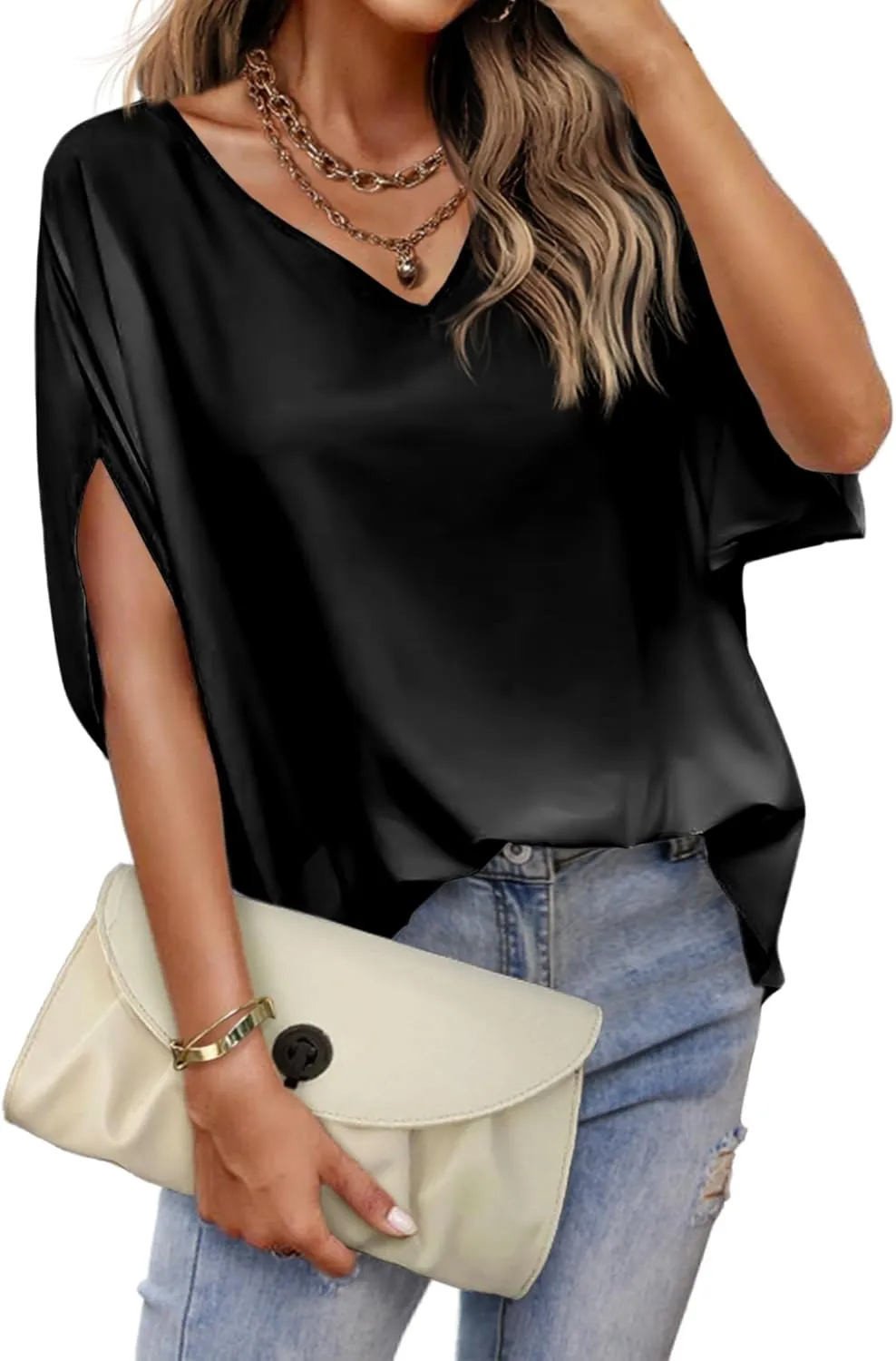 Beyove Womens Satin Silk Dressy Blouses V Neck Formal Tops Batwing Half Sleeve Summer Shirt