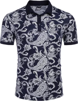 COOFANDY Mens Casual Short Sleeve Polo Shirts Slim Fit Paisley Polo T Shirts Floral Print Shirt