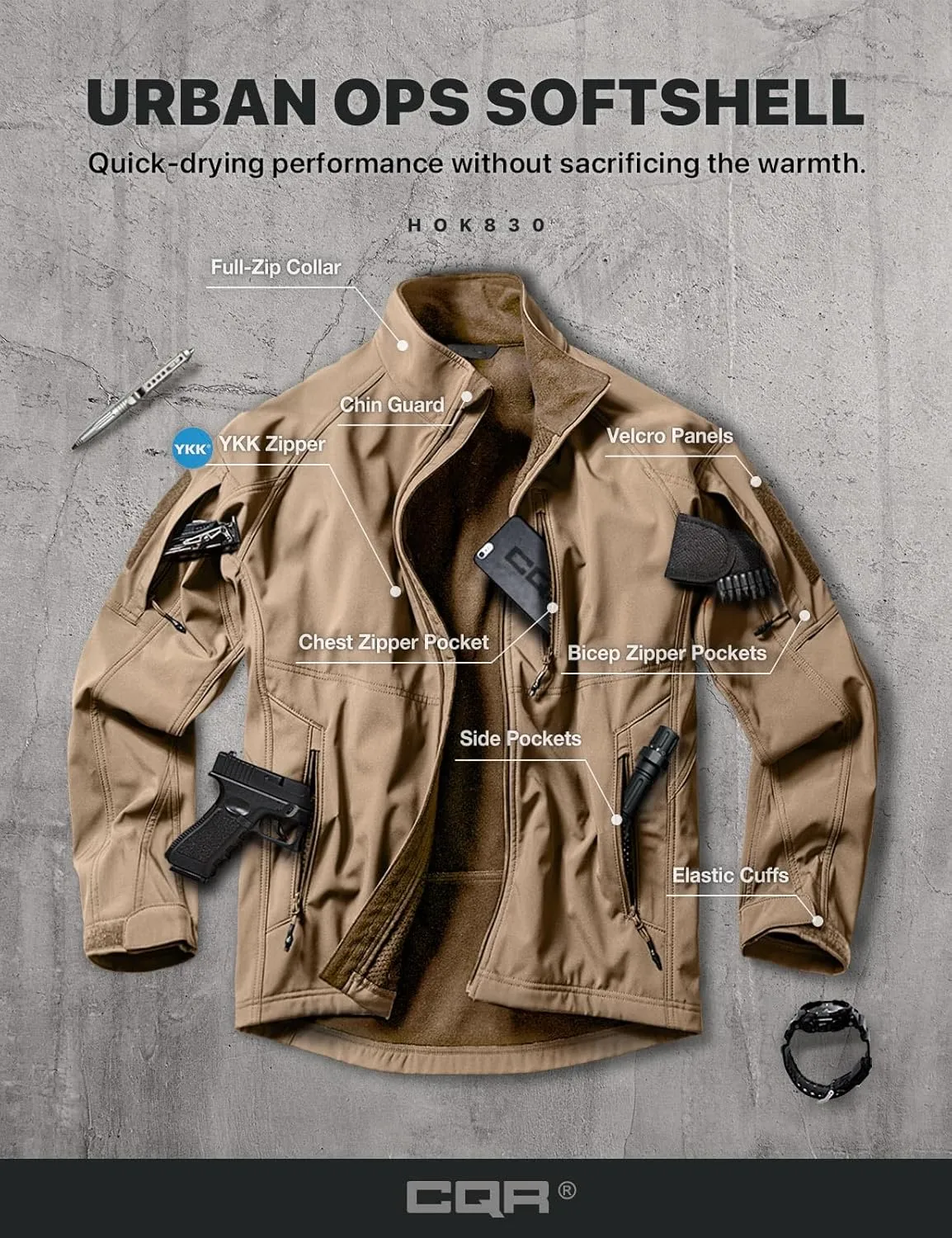 CQR Men's Fleece Lined Tactical Softshell Jackets, Lightweight Water Resistant Hunting Hiking Jacket, Winter Outdoor Jacket