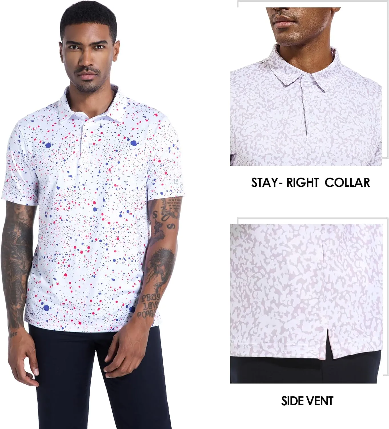 Golf Shirts for Men Dry Fit Performance Short Sleeve Print Moisture Wicking Polo Shirt