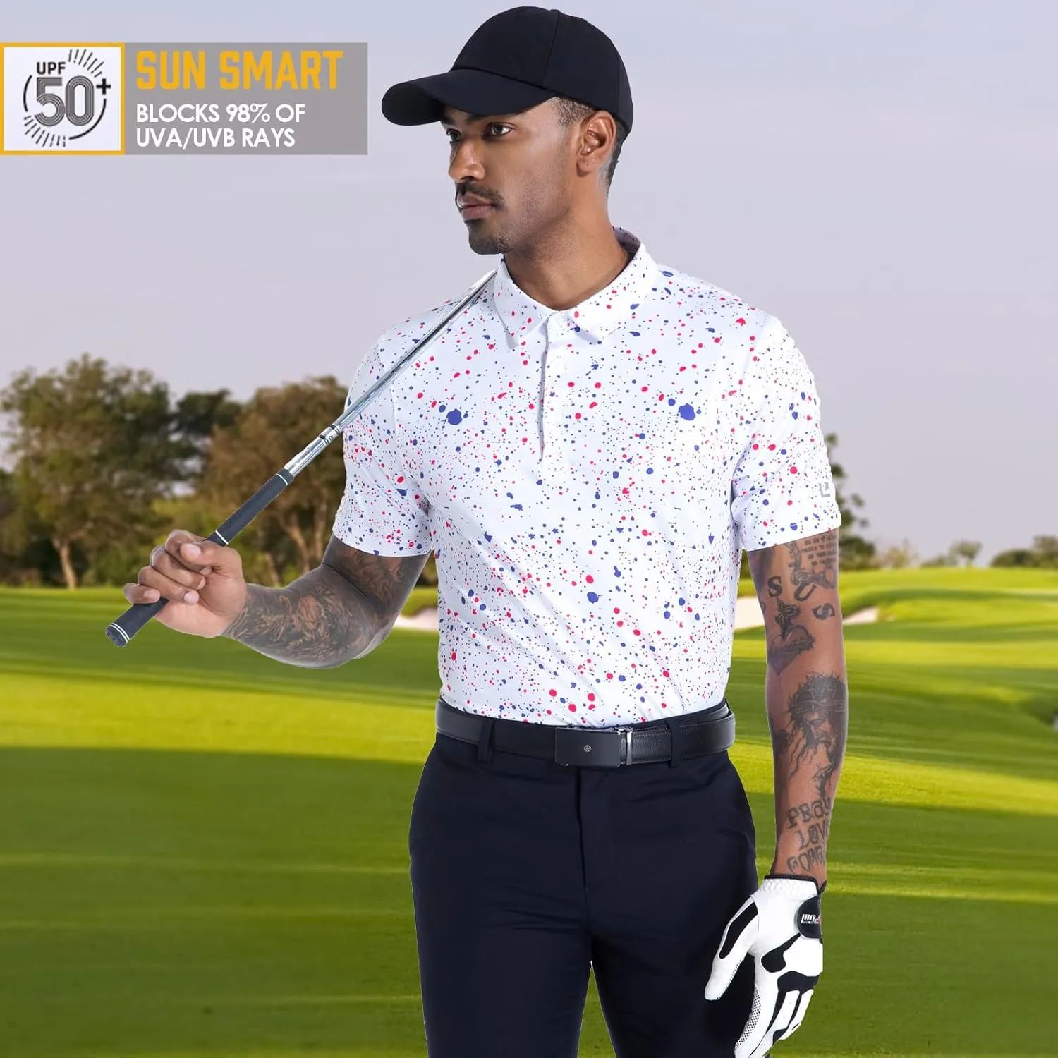 Golf Shirts for Men Dry Fit Performance Short Sleeve Print Moisture Wicking Polo Shirt