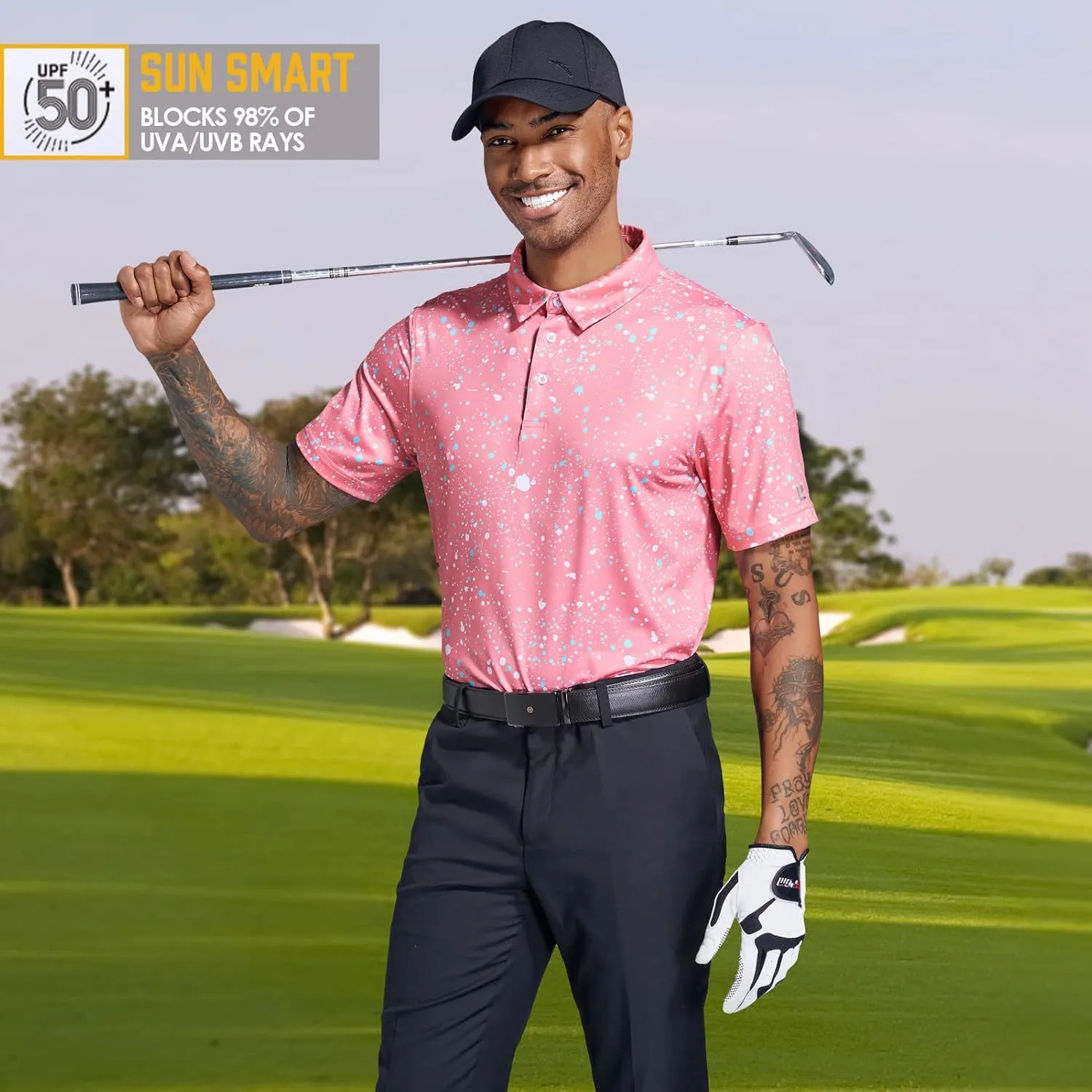Golf Shirts for Men Dry Fit Performance Short Sleeve Print Moisture Wicking Polo Shirt
