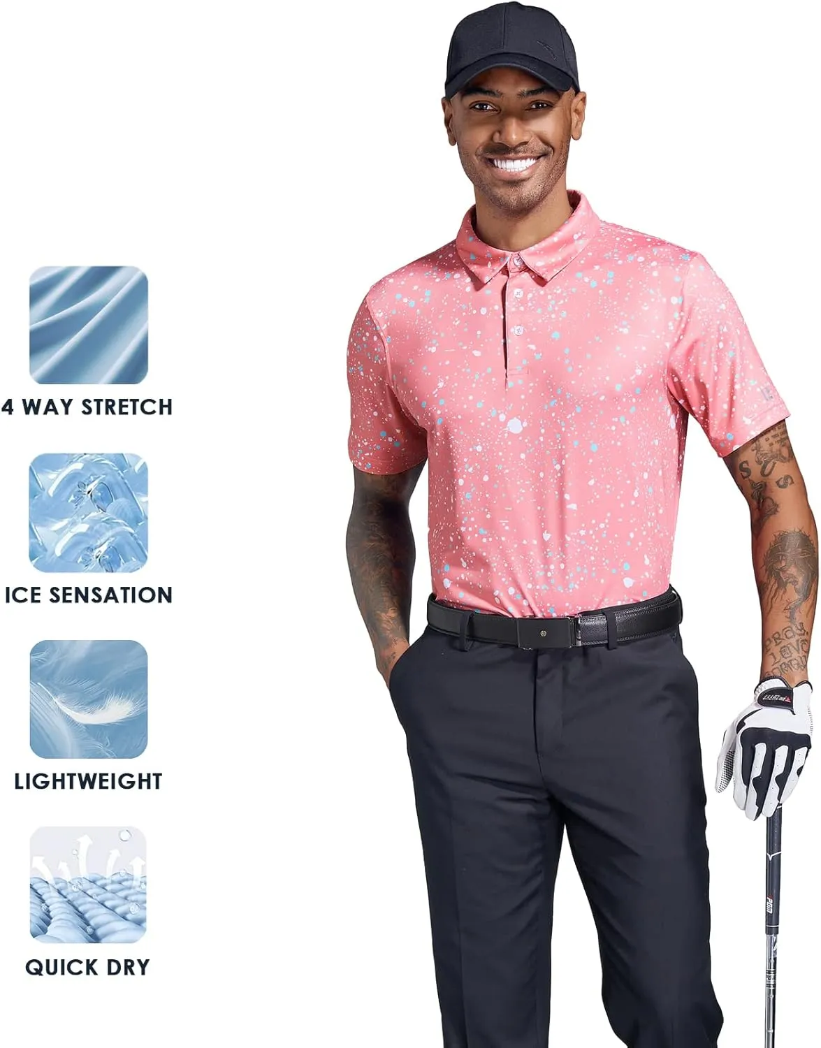 Golf Shirts for Men Dry Fit Performance Short Sleeve Print Moisture Wicking Polo Shirt