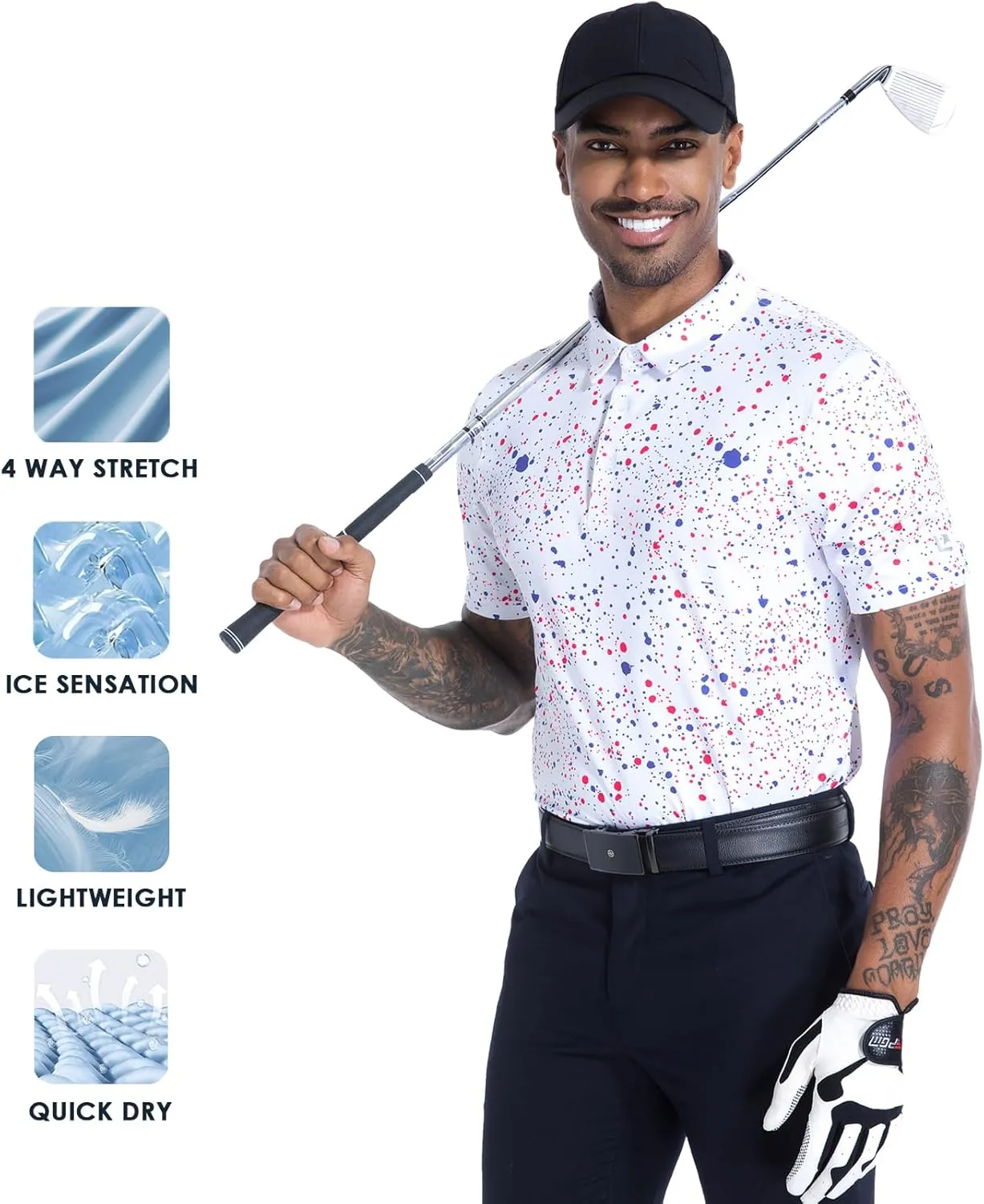 Golf Shirts for Men Dry Fit Performance Short Sleeve Print Moisture Wicking Polo Shirt