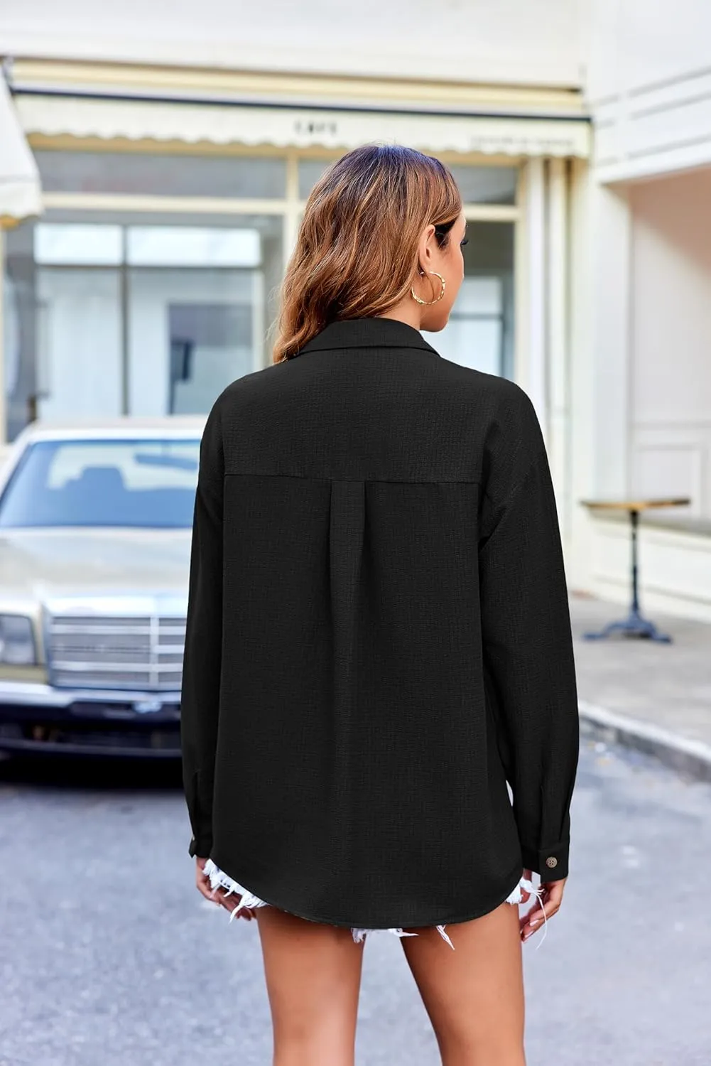 HOTOUCH Womens Long Sleeve Button Down Shirts Oversized Collared Drop Shoulder Work Tops Textured Loose Blouse S-XXXL