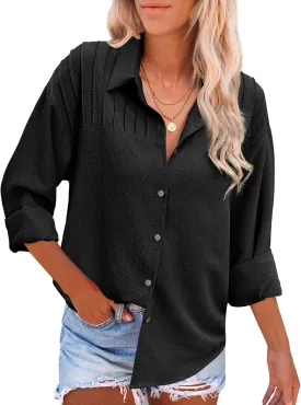 HOTOUCH Womens Long Sleeve Button Down Shirts Oversized Collared Drop Shoulder Work Tops Textured Loose Blouse S-XXXL