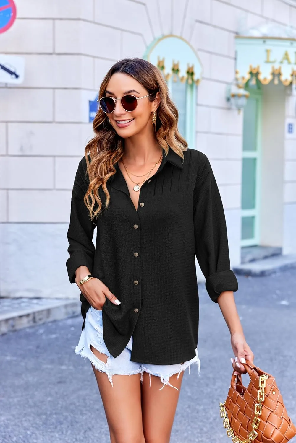 HOTOUCH Womens Long Sleeve Button Down Shirts Oversized Collared Drop Shoulder Work Tops Textured Loose Blouse S-XXXL