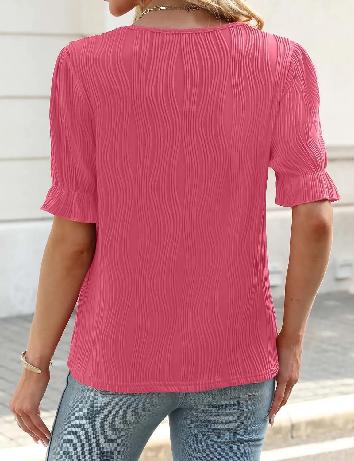 JUSTFASHIONNOW Women's Elegant Lace V Neck Short Sleeve Solid Tops Shirt Blouse