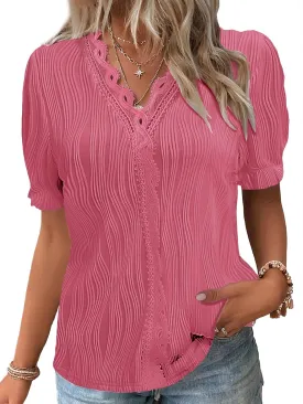 JUSTFASHIONNOW Women's Elegant Lace V Neck Short Sleeve Solid Tops Shirt Blouse