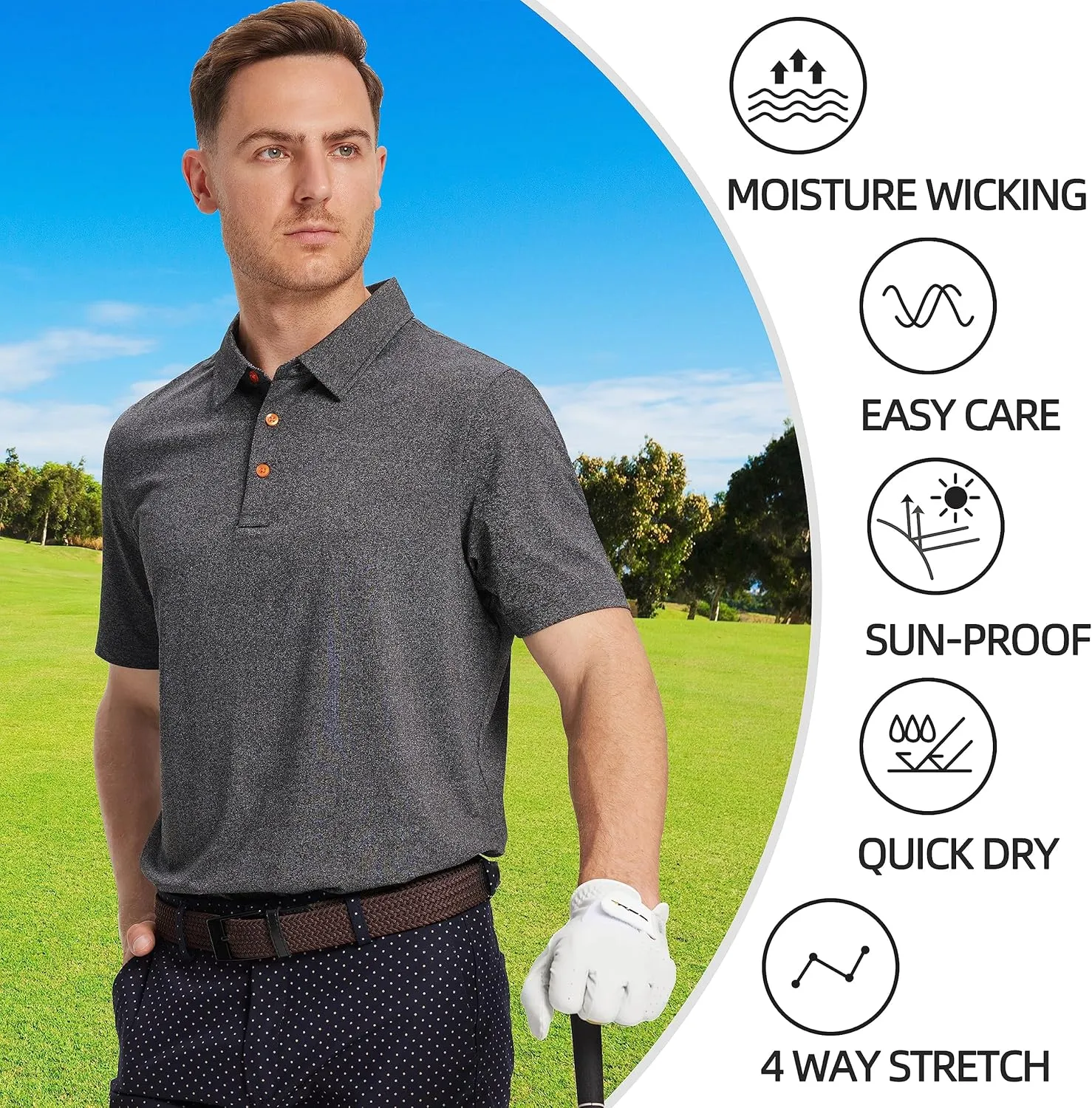 Mens Golf Polo Shirt Moisture Wicking Dry Fit Performance Athletic Short Sleeve Striped Golf Shirts for Men