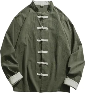 Men's Spring Summer Retro Trendy Chinese Style Tang Suit Cotton Linen Frog Button Casual Long Sleeve Shirt