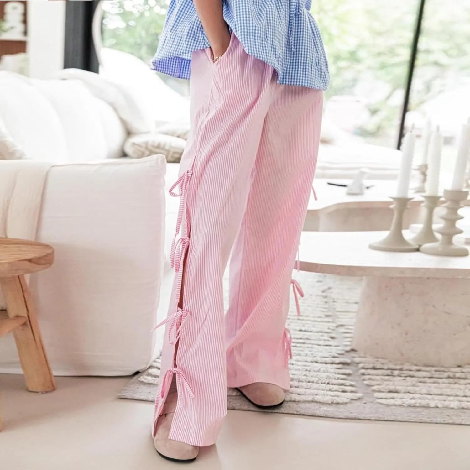 Owl's-Yard Women Y2K Gingham Print Pants Elastic Waist Dreawstring Wide Leg Trousers Striped Casual Lounge Pants with Pockets