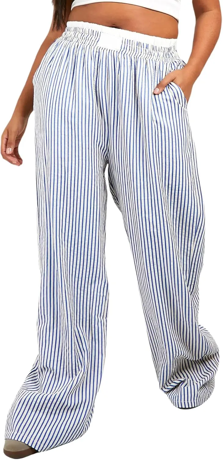 Owl's-Yard Women Y2K Stripe Print Pants Elastic Waist Dreawstring Wide Leg Trousers Striped Casual Lounge Pants with Pockets