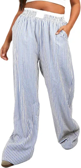 Owl's-Yard Women Y2K Stripe Print Pants Elastic Waist Dreawstring Wide Leg Trousers Striped Casual Lounge Pants with Pockets