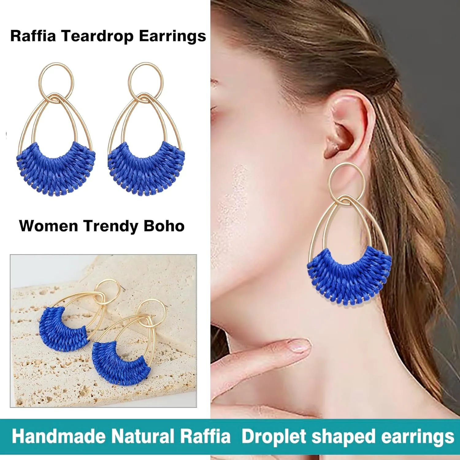 Raffia Hoop Earrings for Women Fun Boho Summer Beach Earrings Lightweight Handmade Straw Wicker Rattan Dangle Earrings Statement Geometric Round Drop Earrings