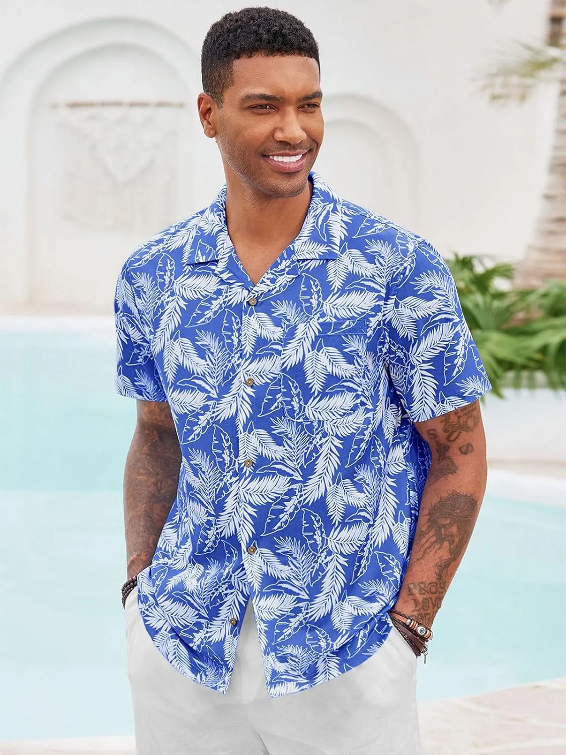Runcati Men's Hawaiian Shirts Button Down Short Sleeve Cuban Collar Shirt Floral Tropical Summer Beach Tops