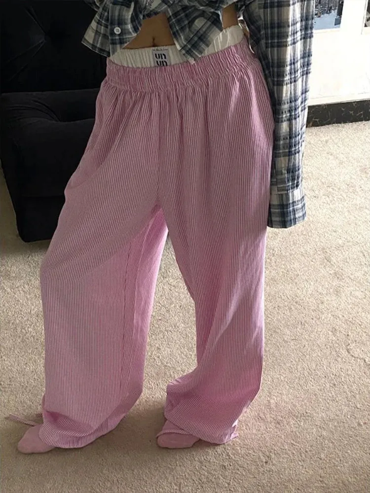 TAVIMART  -  Blue Stripe Pants Women Y2k Fake Two Piece Wide Leg Sweatpants Baggy Kpop Sport Trousers Hip Hop Harajuku Summer Bottoms