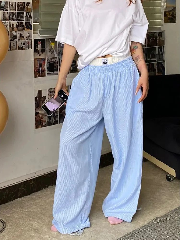 TAVIMART  -  Blue Stripe Pants Women Y2k Fake Two Piece Wide Leg Sweatpants Baggy Kpop Sport Trousers Hip Hop Harajuku Summer Bottoms