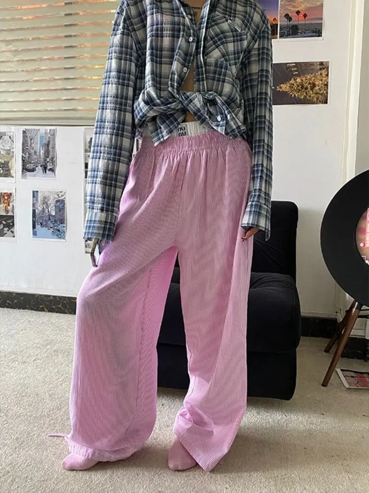 TAVIMART  -  Blue Stripe Pants Women Y2k Fake Two Piece Wide Leg Sweatpants Baggy Kpop Sport Trousers Hip Hop Harajuku Summer Bottoms
