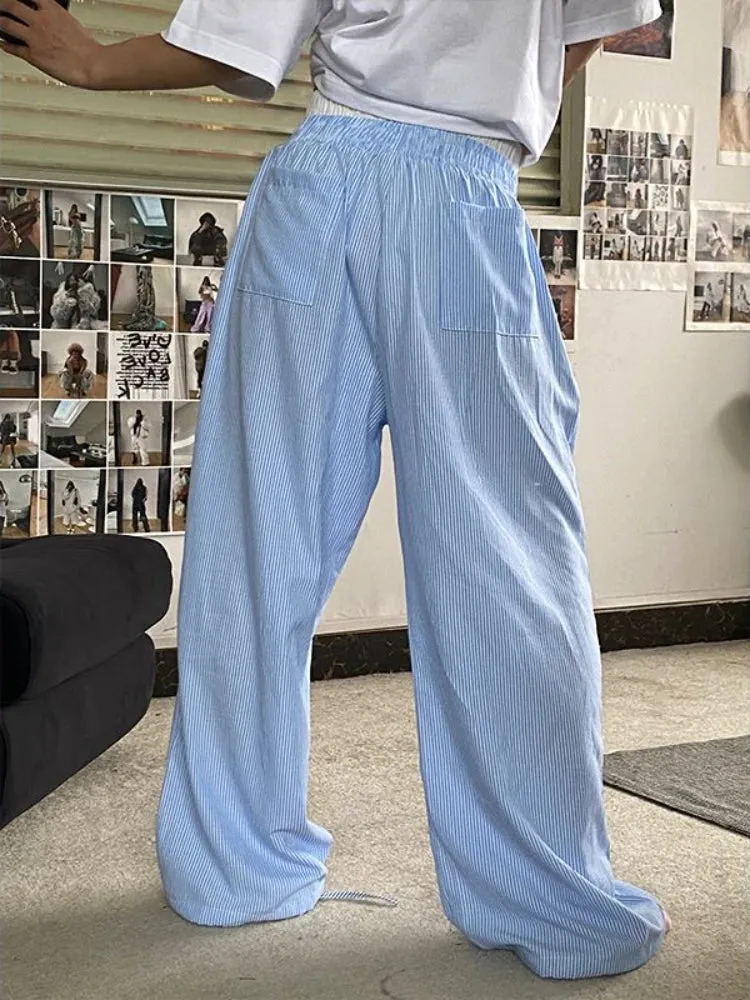 TAVIMART  -  Blue Stripe Pants Women Y2k Fake Two Piece Wide Leg Sweatpants Baggy Kpop Sport Trousers Hip Hop Harajuku Summer Bottoms