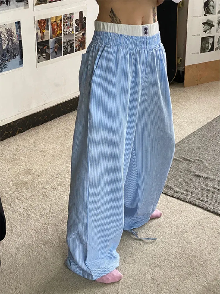 TAVIMART  -  Blue Stripe Pants Women Y2k Fake Two Piece Wide Leg Sweatpants Baggy Kpop Sport Trousers Hip Hop Harajuku Summer Bottoms