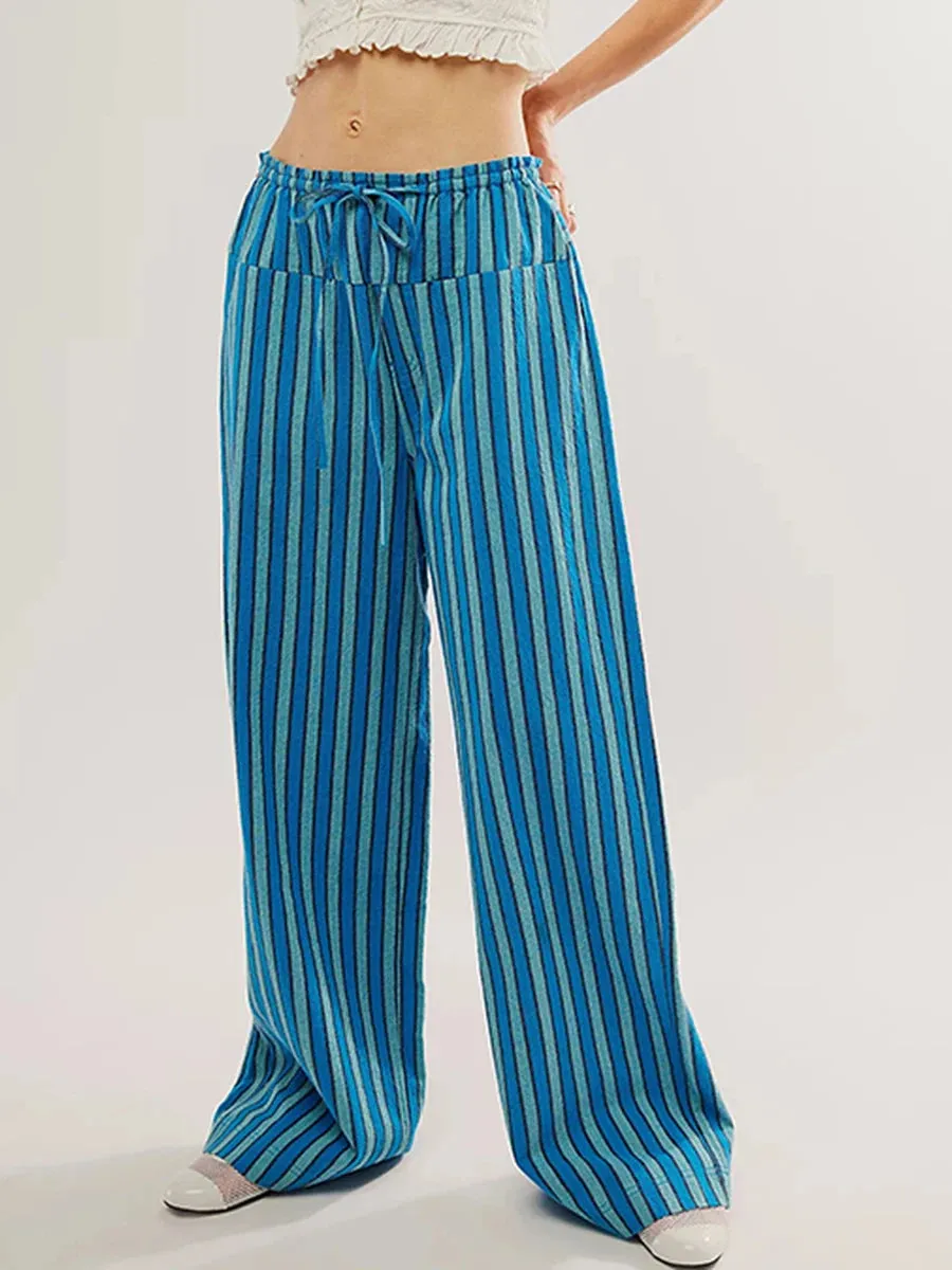 TAVIMART  -  Pocket Drawstring Baggy Trouser Women Mid Waist Streetwear Fashion Striped Wide Leg Pant Summer Holiday Casual Sport Pants