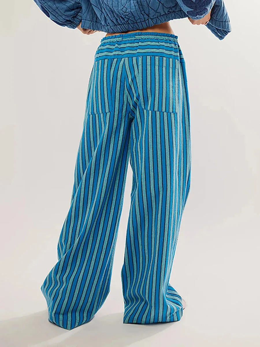 TAVIMART  -  Pocket Drawstring Baggy Trouser Women Mid Waist Streetwear Fashion Striped Wide Leg Pant Summer Holiday Casual Sport Pants