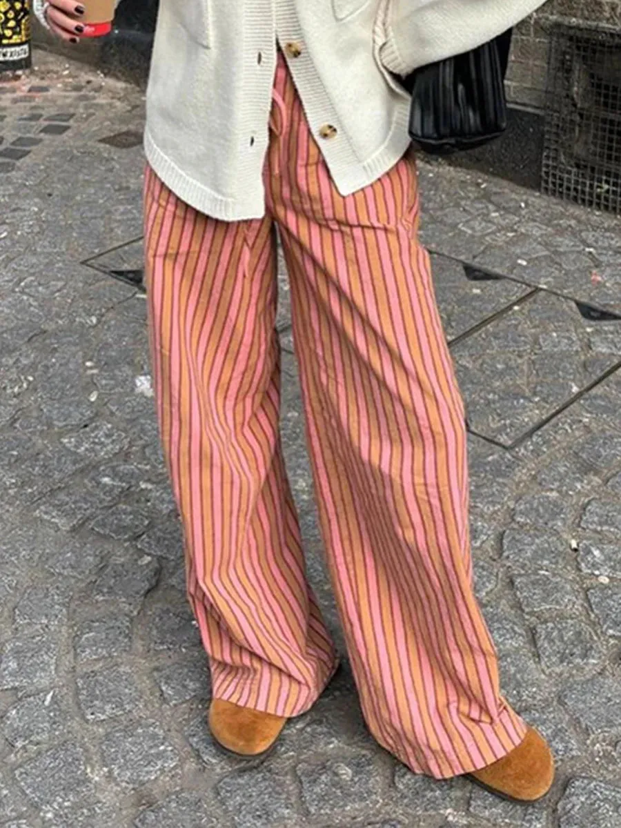 TAVIMART  -  Pocket Drawstring Baggy Trouser Women Mid Waist Streetwear Fashion Striped Wide Leg Pant Summer Holiday Casual Sport Pants