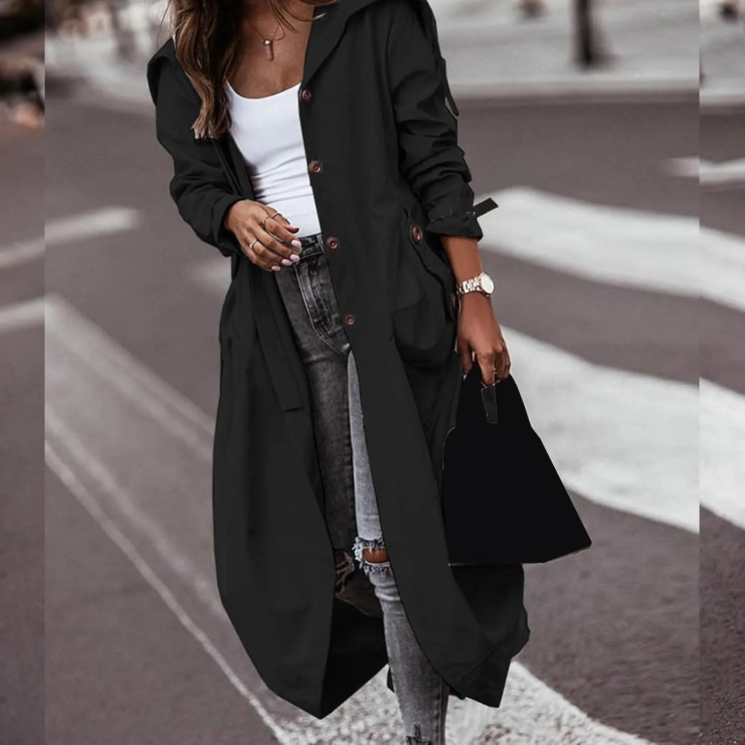 Women's Double Breasted Long Trench Coat Winter Windproof Classic Lapel Slim Overcoat with Belt