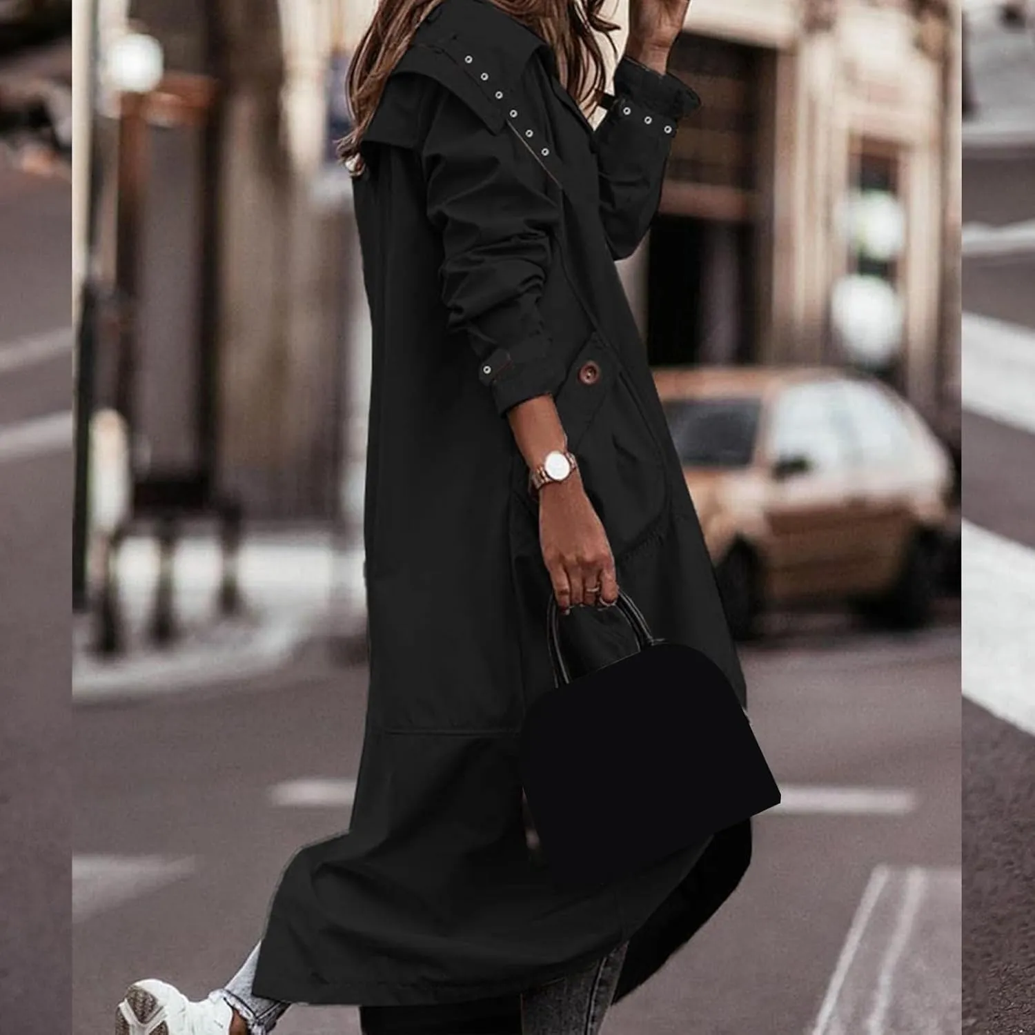 Women's Double Breasted Long Trench Coat Winter Windproof Classic Lapel Slim Overcoat with Belt