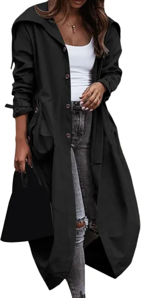 Women's Double Breasted Long Trench Coat Winter Windproof Classic Lapel Slim Overcoat with Belt