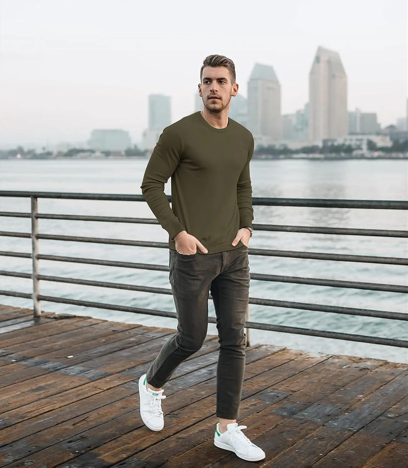 X RAY Men's Crewneck & Hooded Long Sleeve T-Shirt, 95% Cotton Stretch Slim Fit Basic Shirt for Men