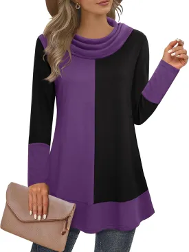 Youtalia Women's Hoodie Sweatshirt Long Sleeve Cowl Neck Pullover Color Block Thin Tunic Top