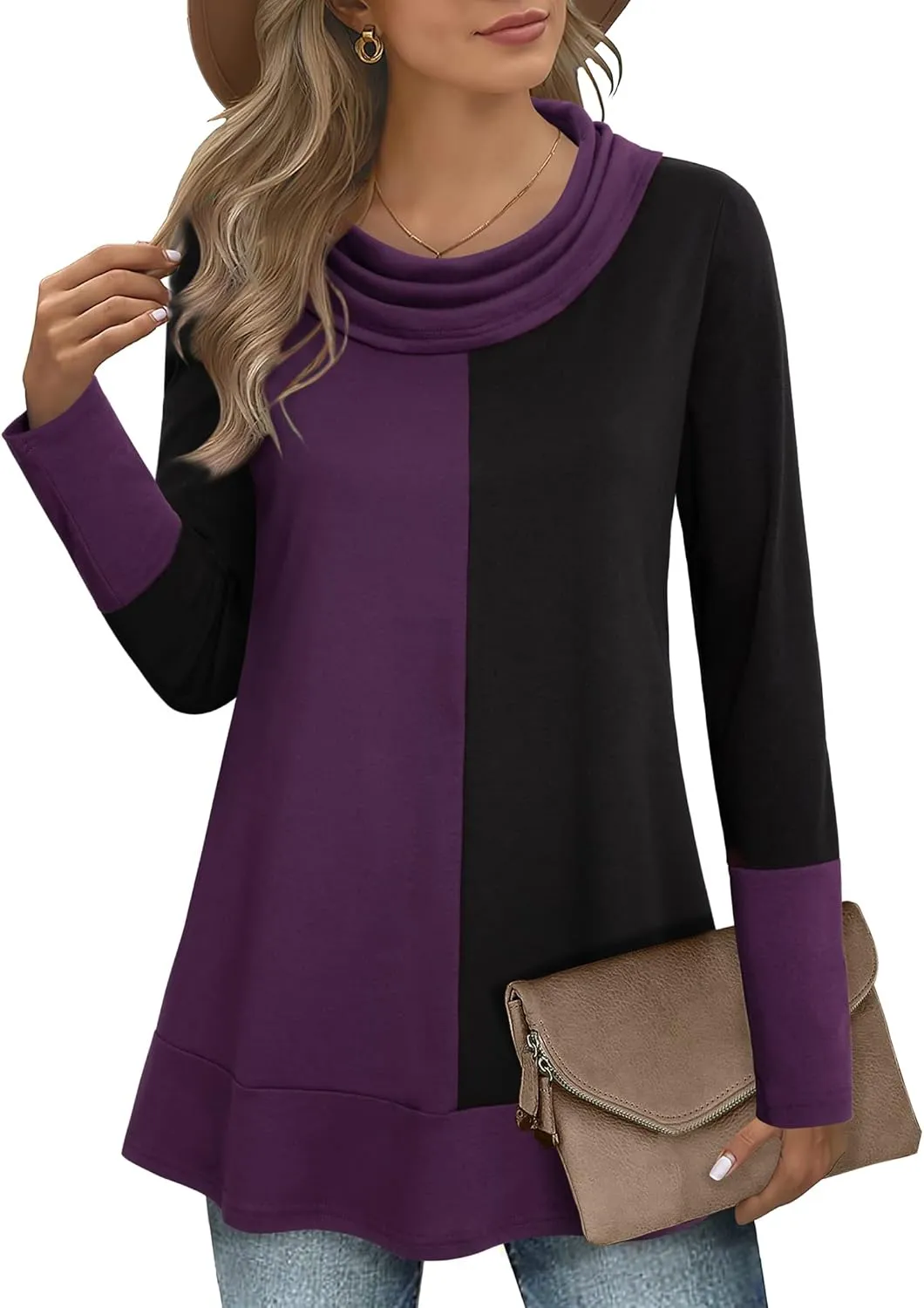 Youtalia Women's Hoodie Sweatshirt Long Sleeve Cowl Neck Pullover Color Block Thin Tunic Top