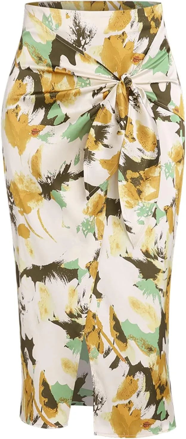 ZAFUL Women's Boho Skirt Asymmetrical Skirts Tied Floral Paisley Printed High Waist Ruched Skirts for Women
